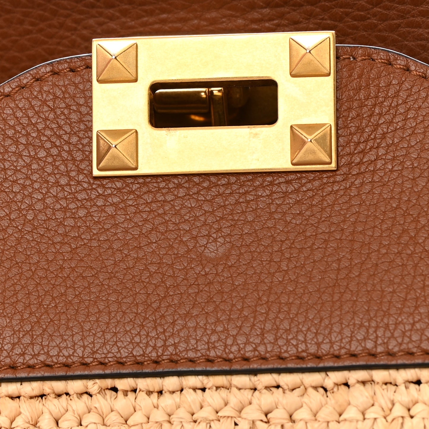 Raffia Calfskin Rockstud Tote Naturale Saddle Brown