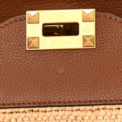 Valentino Garavani Raffia Calfskin Rockstud Tote Naturale Saddle Brown 9 of 12