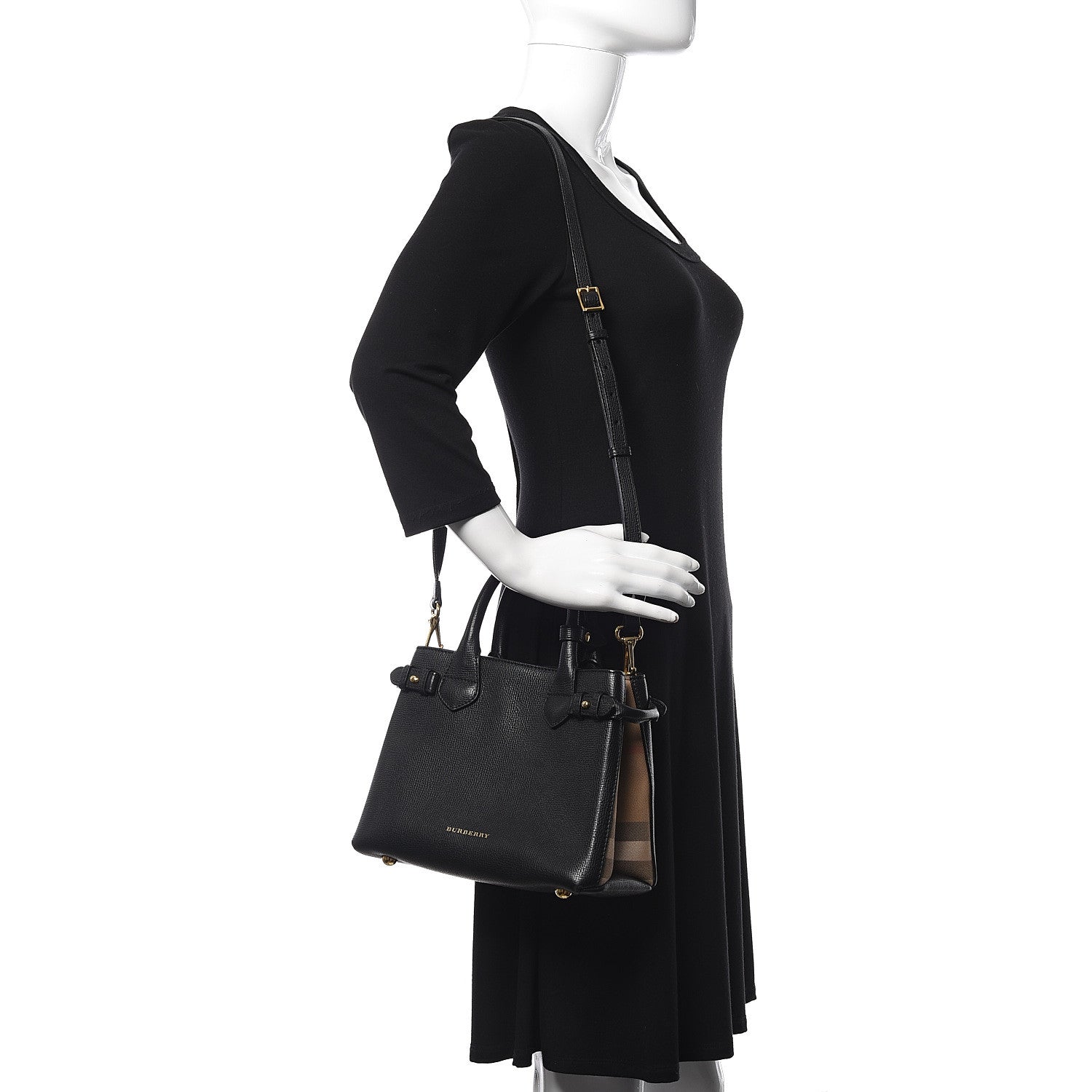 Burberry Grainy Calfskin House Check Small Banner Tote Black 2 of 16