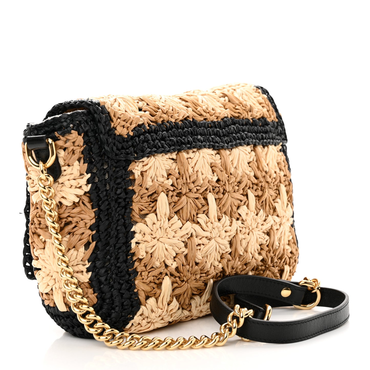 Raffia Azalea Calfskin Crochet Flower Small GG Marmont Shoulder Bag Natural Ecru Black