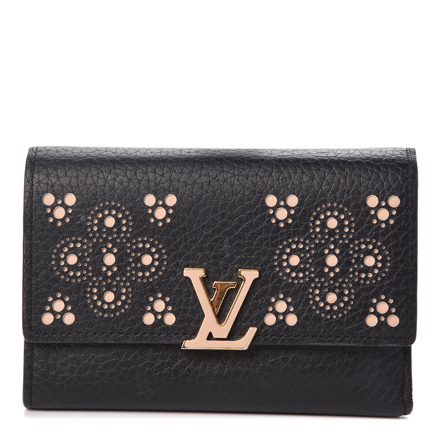 Taurillon Perforated Capucines Compact Wallet Black