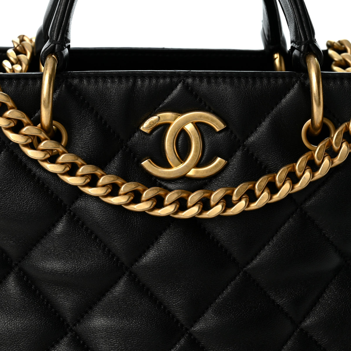 Lambskin Quilted Small Top Handle Shopping Bag Black