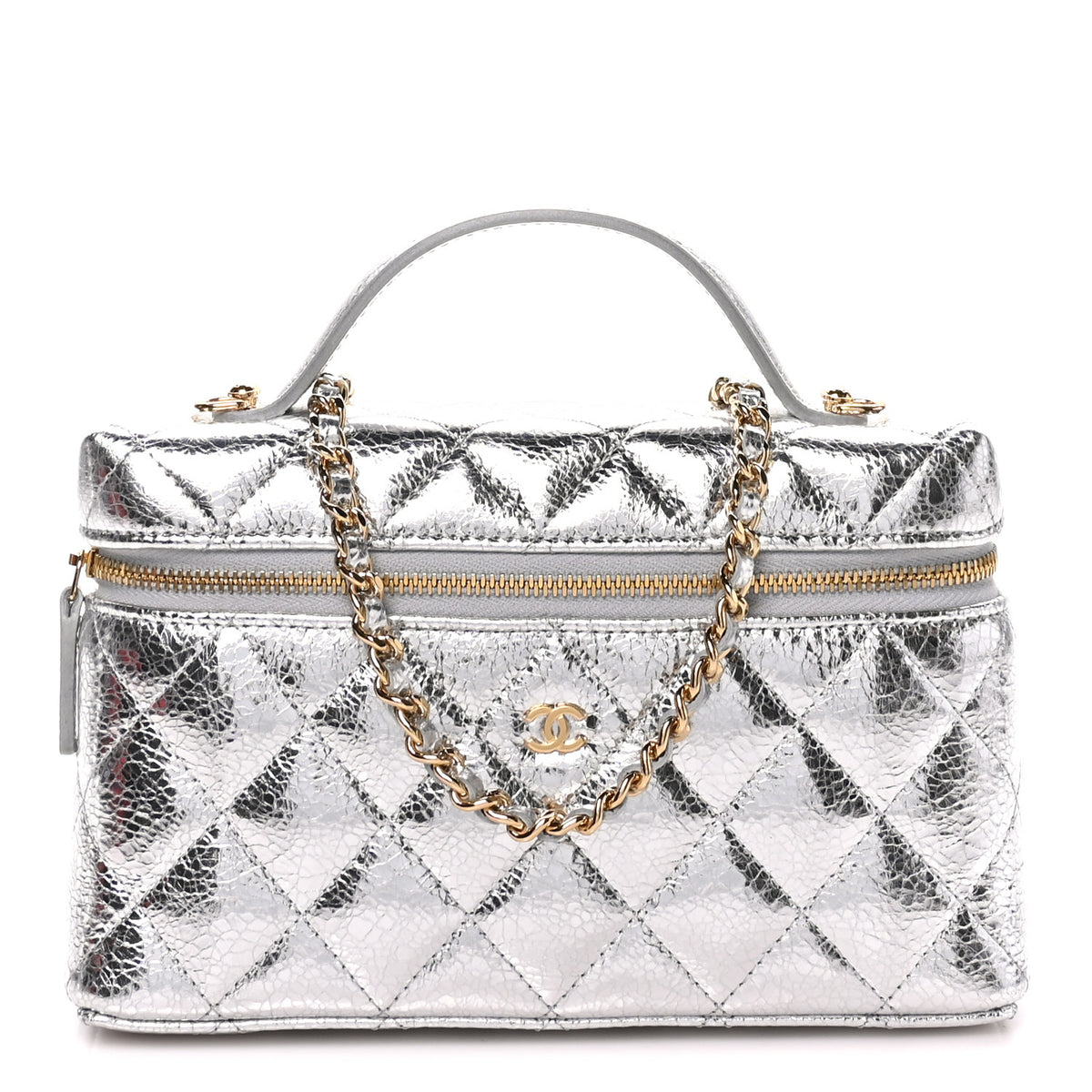 Metallic Calfskin Quilted Top Handle Slim Vanity With Chain Silver