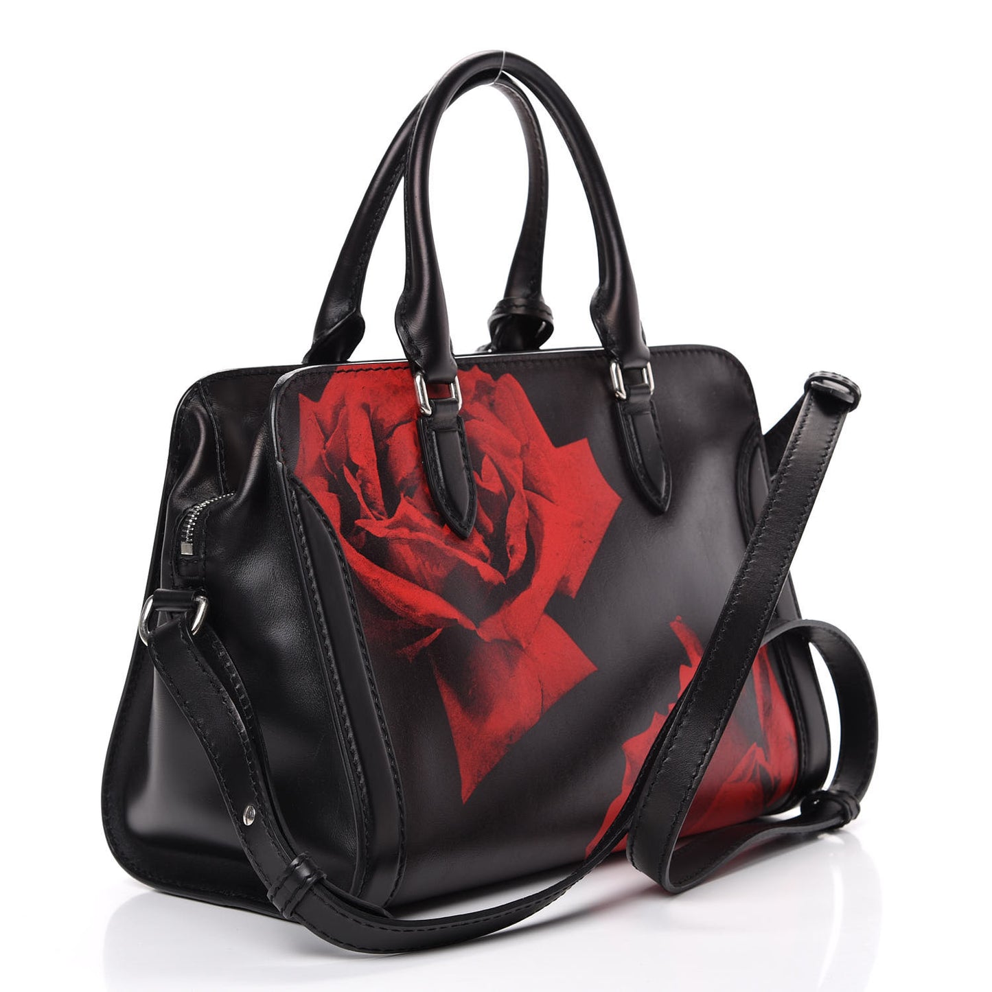 Calfskin Rose Printed Small Skull Padlock Zip Around Tote Black