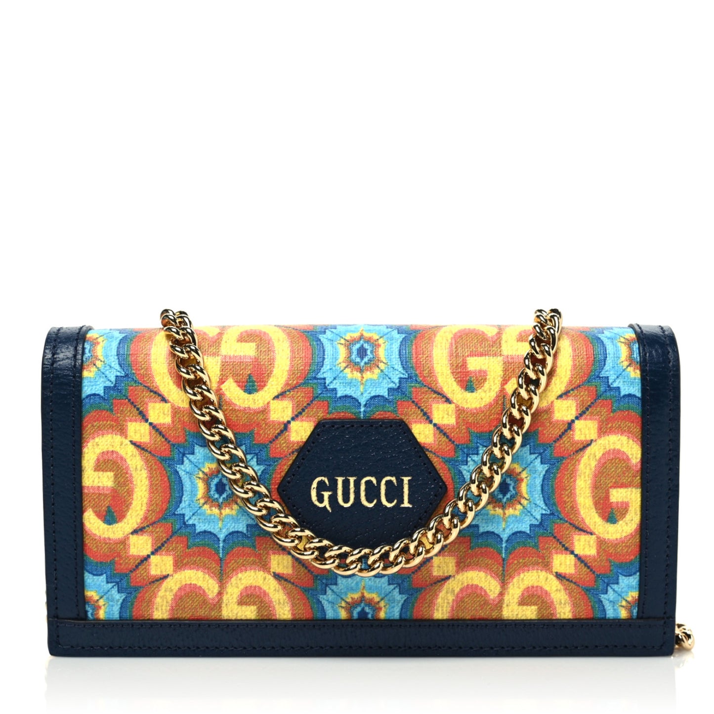 GG Supreme Kaleidoscope Calfskin Script Logo Gucci 100 Chain Wallet Blue Orange Multicolor Blue Agata