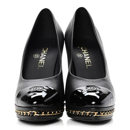 Chanel Calfskin Patent Cap Toe Chain Pumps 38.5 Black 2 of 12