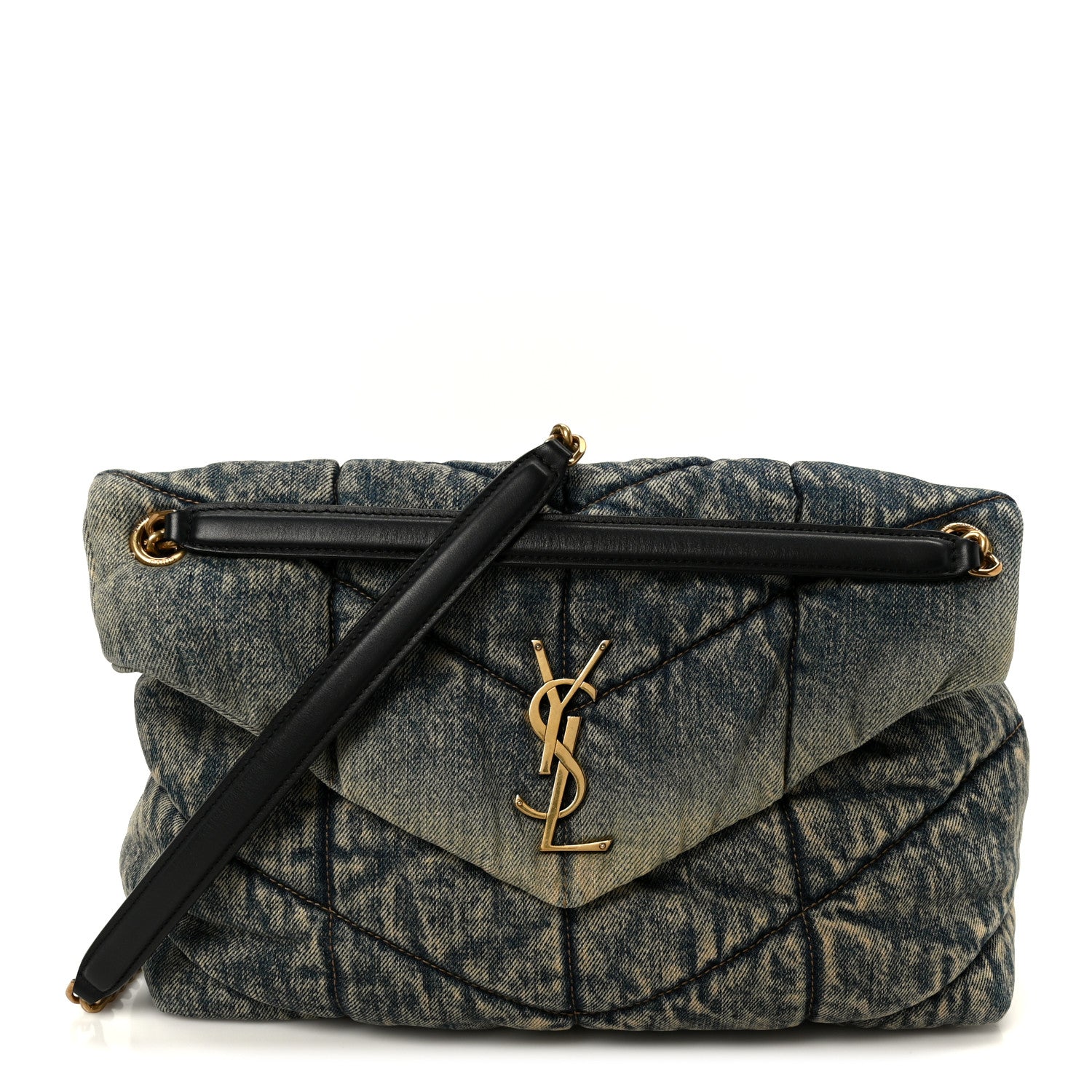 Saint Laurent Denim Quilted Medium Loulou Puffer Monogram Chain Satchel Black Blue 1 of 10