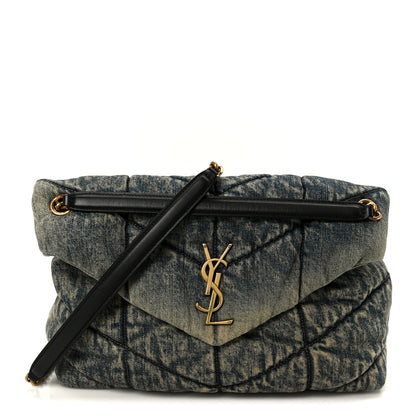 Saint Laurent Denim Quilted Medium Loulou Puffer Monogram Chain Satchel Black Blue 1 of 10