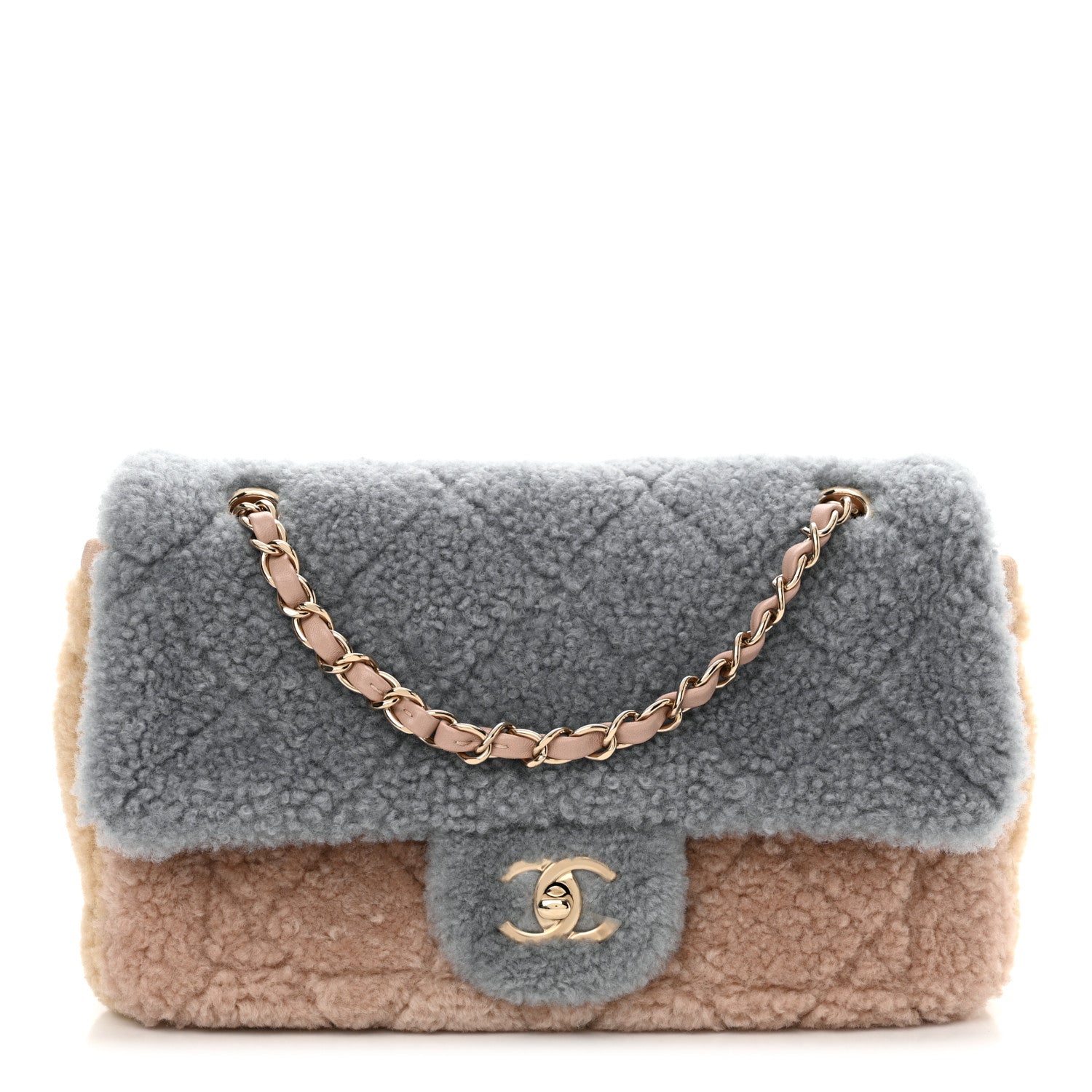 Chanel Shearling Sheepskin Single Flap Gray Pink Beige 1 of 10