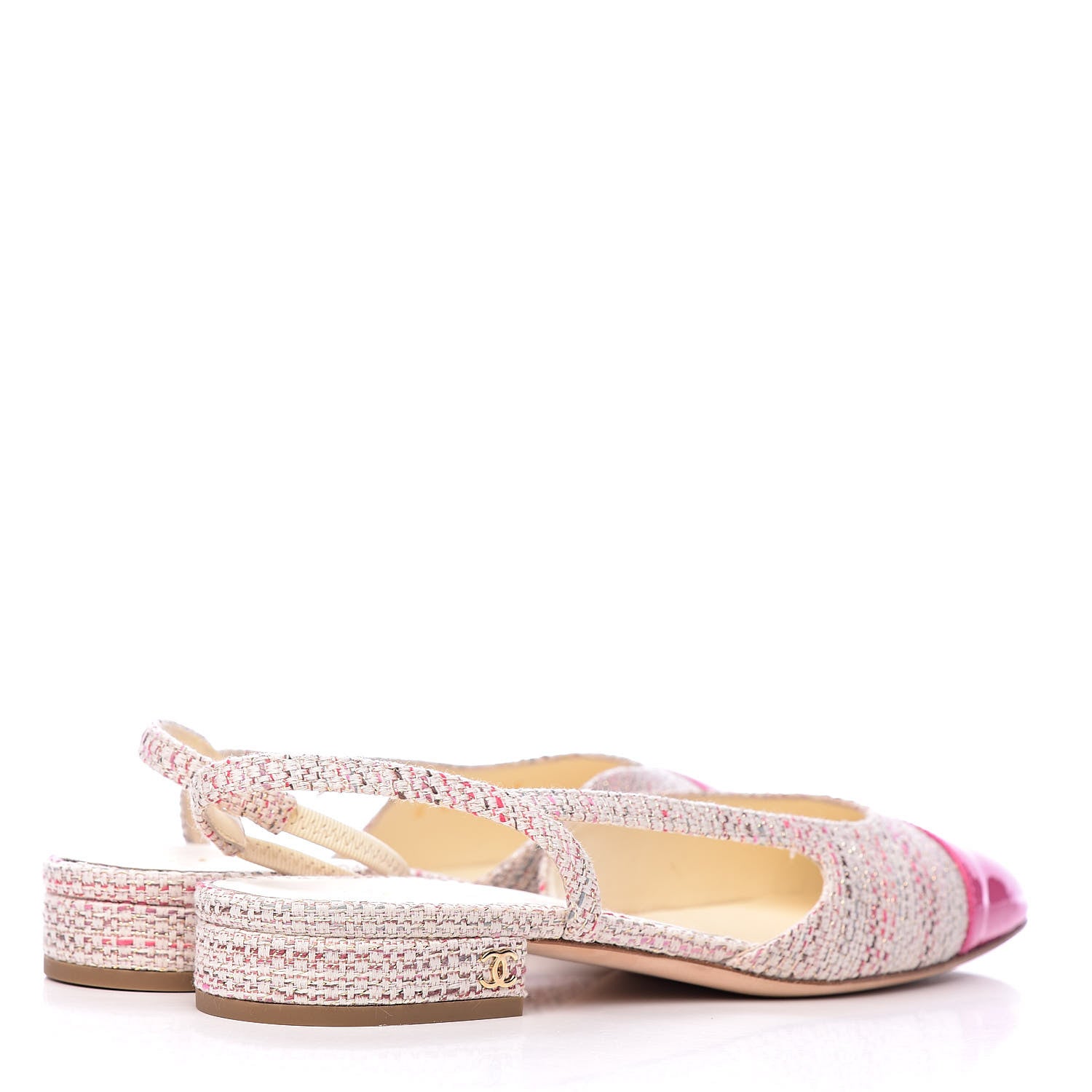 Chanel Tweed Patent Cap Toe CC Slingback Flat 36.5 Pink White 4 of 12