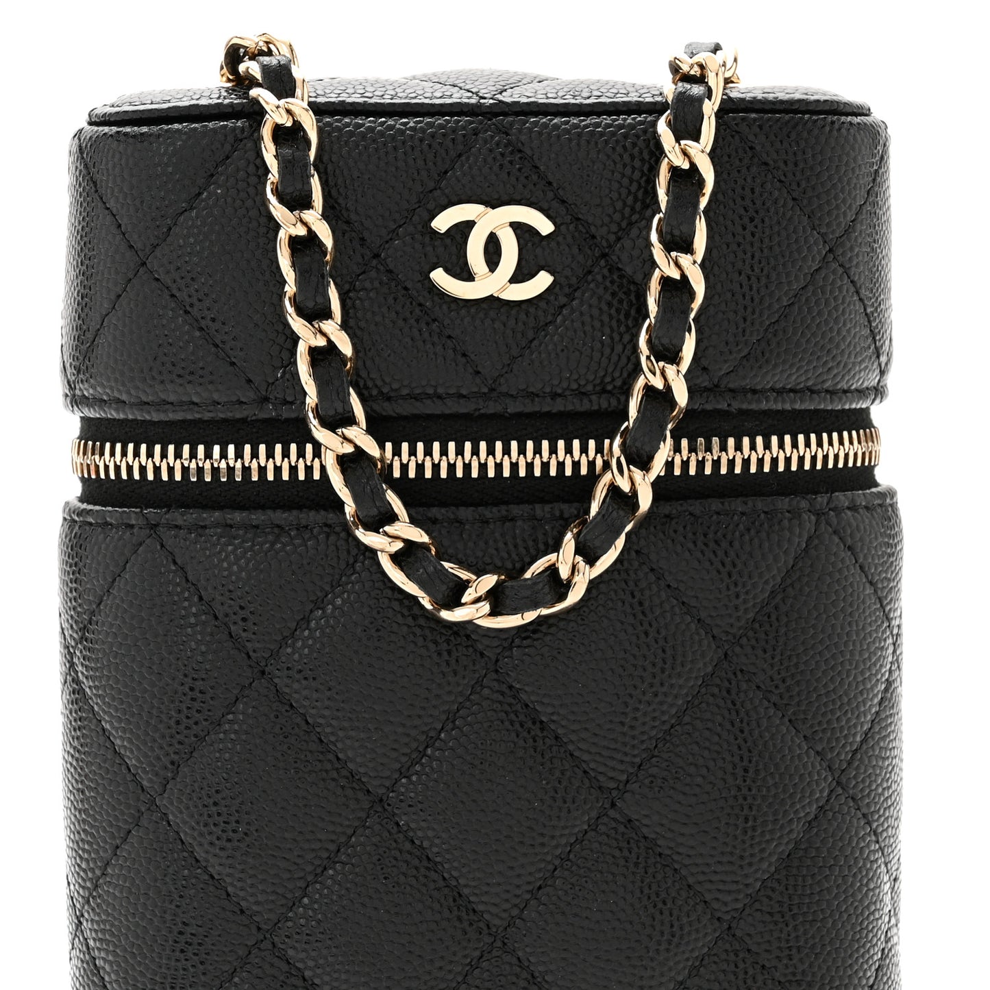 Caviar Quilted Phone Holder With Chain Black