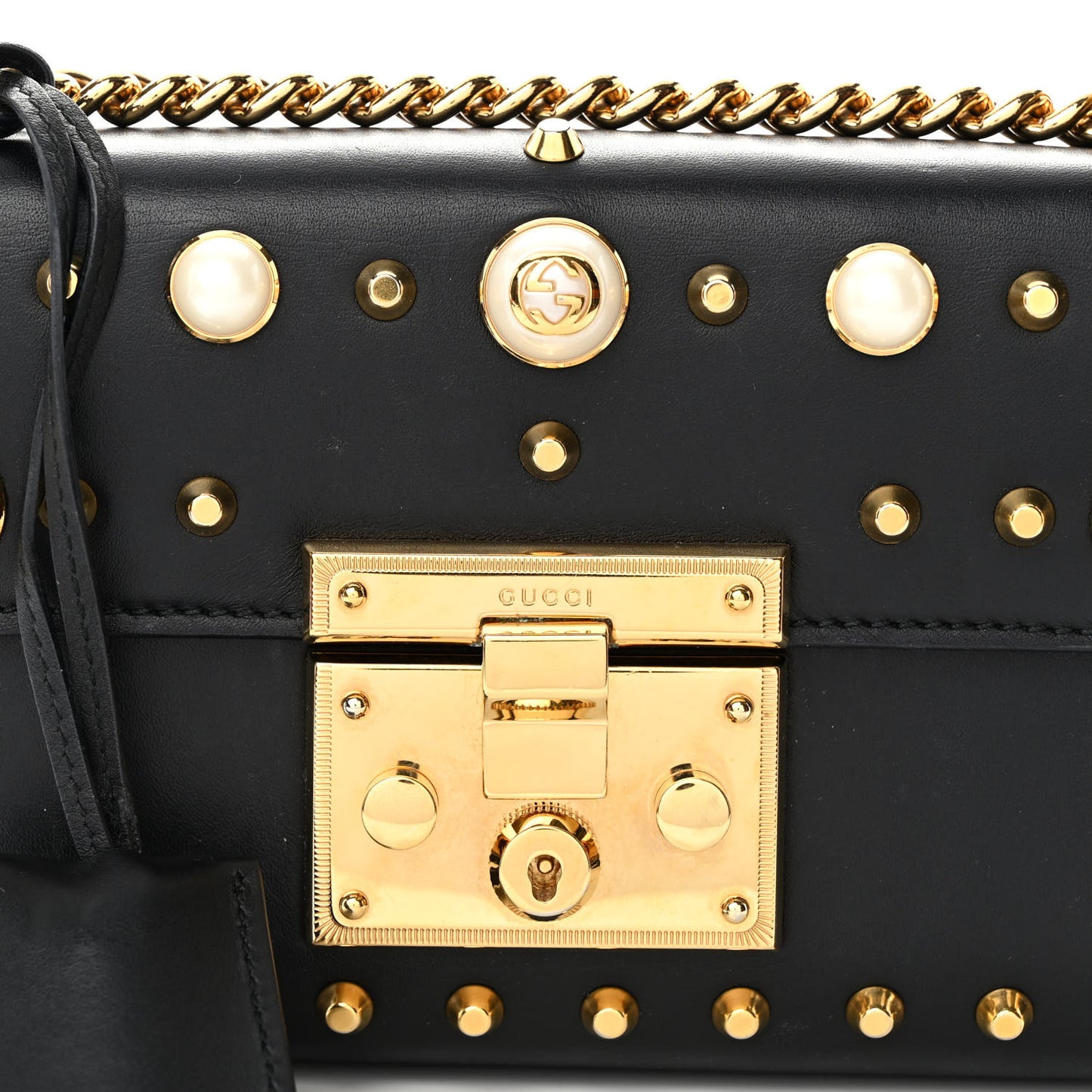 Calfskin Studded Small Padlock Shoulder Bag Black