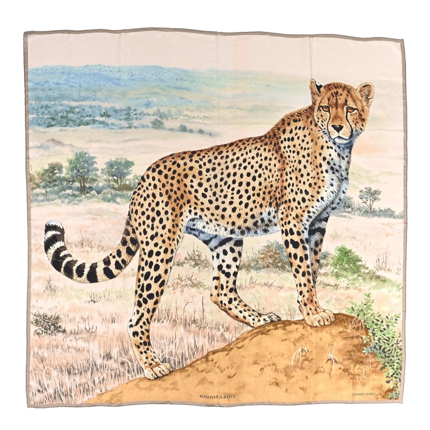 Silk Acinonyx Jubatus Wash 140 Scarf Kaki Marron Beige