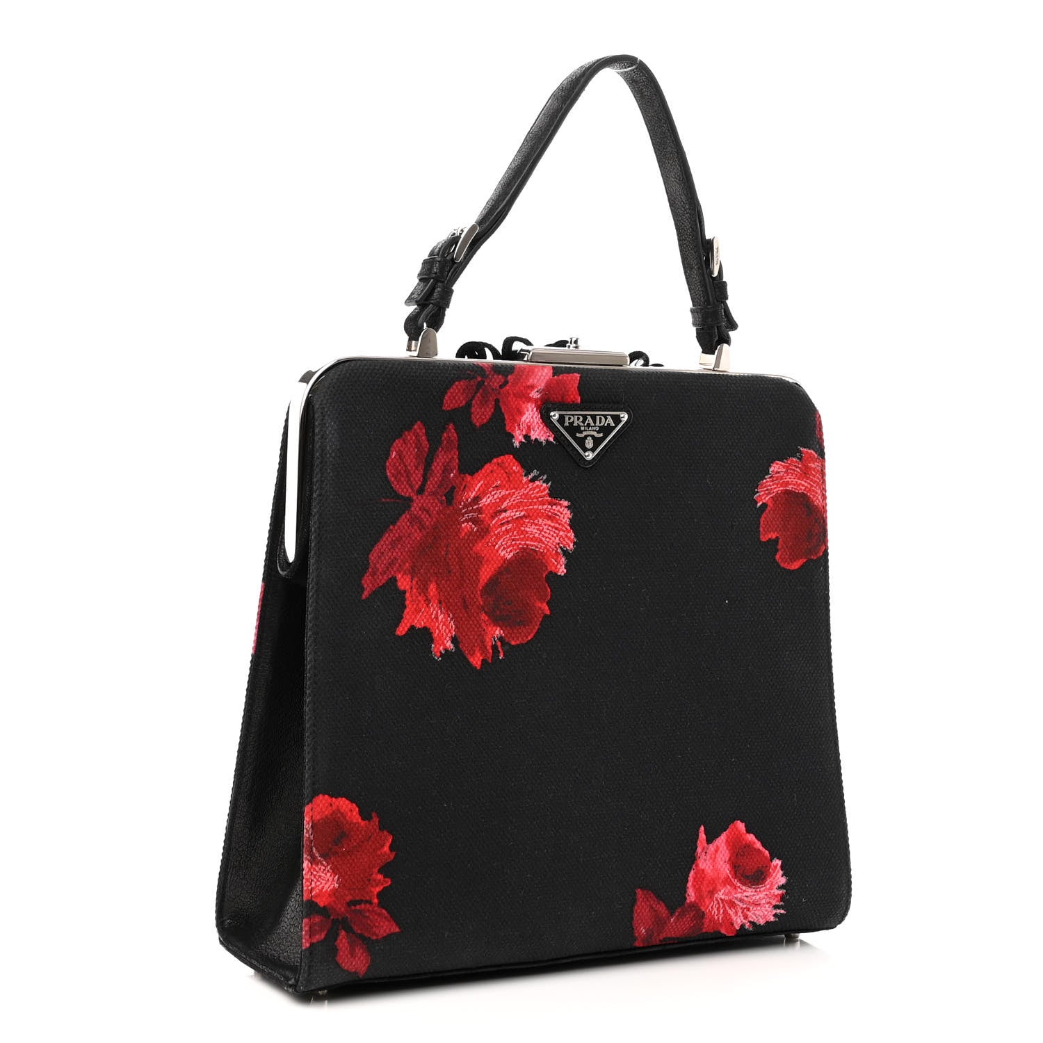 Prada Canapa Borsa Cerniera Hibiscus Top Handle Framed Bag Black Rosa 3 of 11
