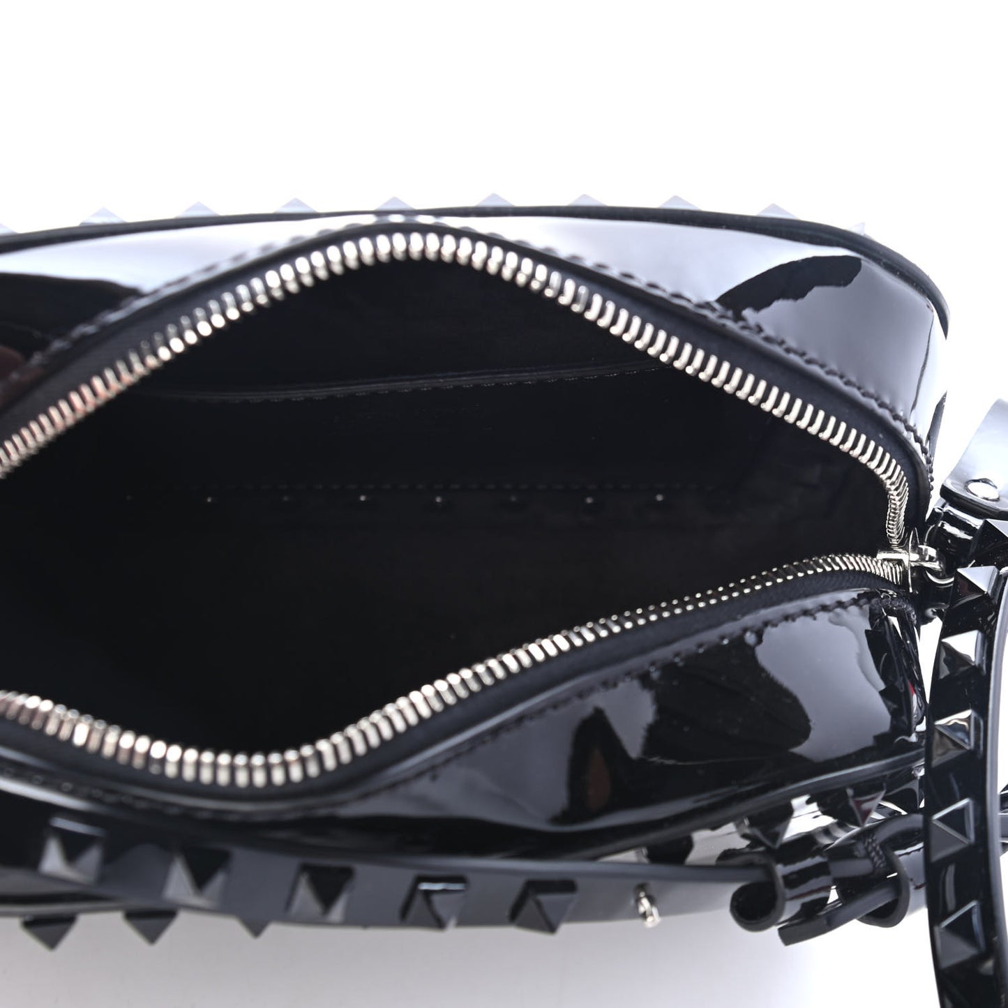 Patent Calfskin Rockstud Camera Crossbody Bag Black