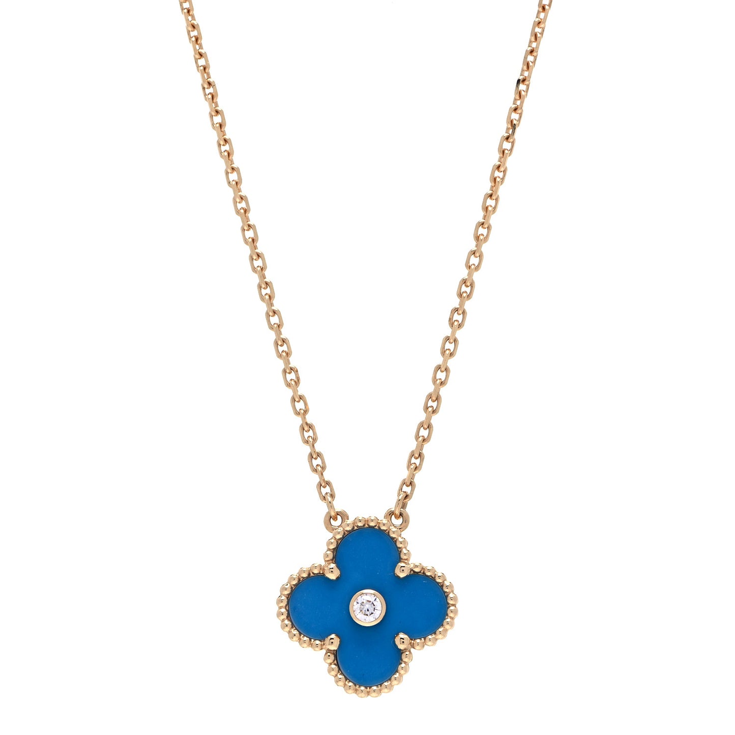18K Yellow Gold Diamond Celestial Blue Sevres Porcelain Vintage Alhambra Pendant Necklace