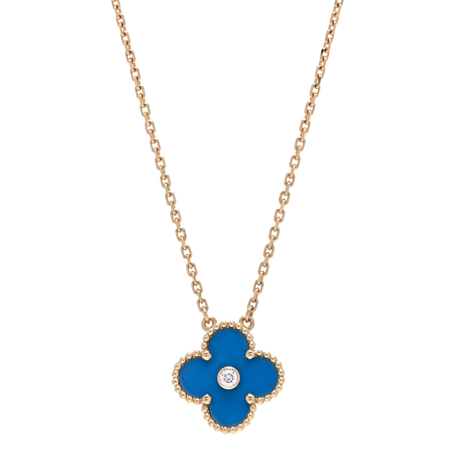 Van Cleef & Arpels 18K Yellow Gold Diamond Celestial Blue Sevres Porcelain Vintage Alhambra Pendant Necklace 1 of 5