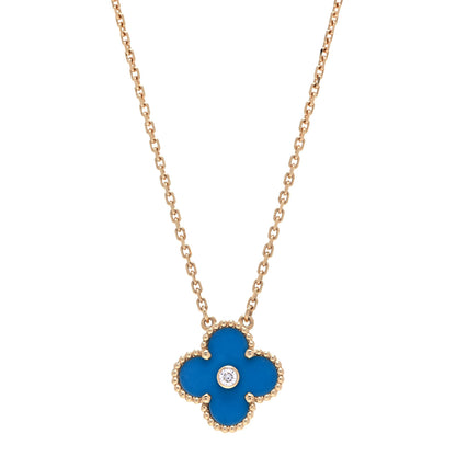 Van Cleef & Arpels 18K Yellow Gold Diamond Celestial Blue Sevres Porcelain Vintage Alhambra Pendant Necklace 1 of 5