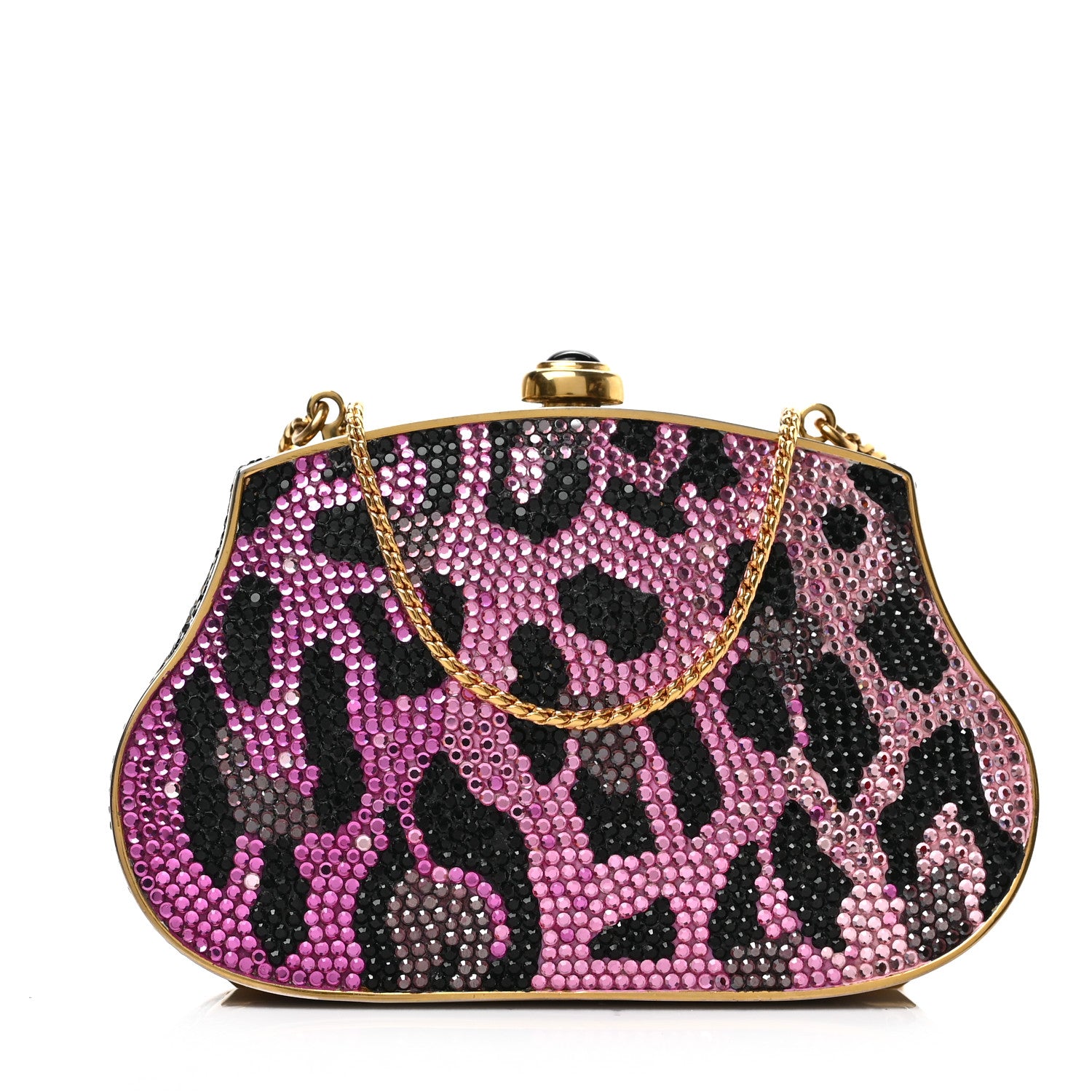 Judith Leiber Crystal Leopard Minaudiere Clutch Pink Black Gold 1 of 8