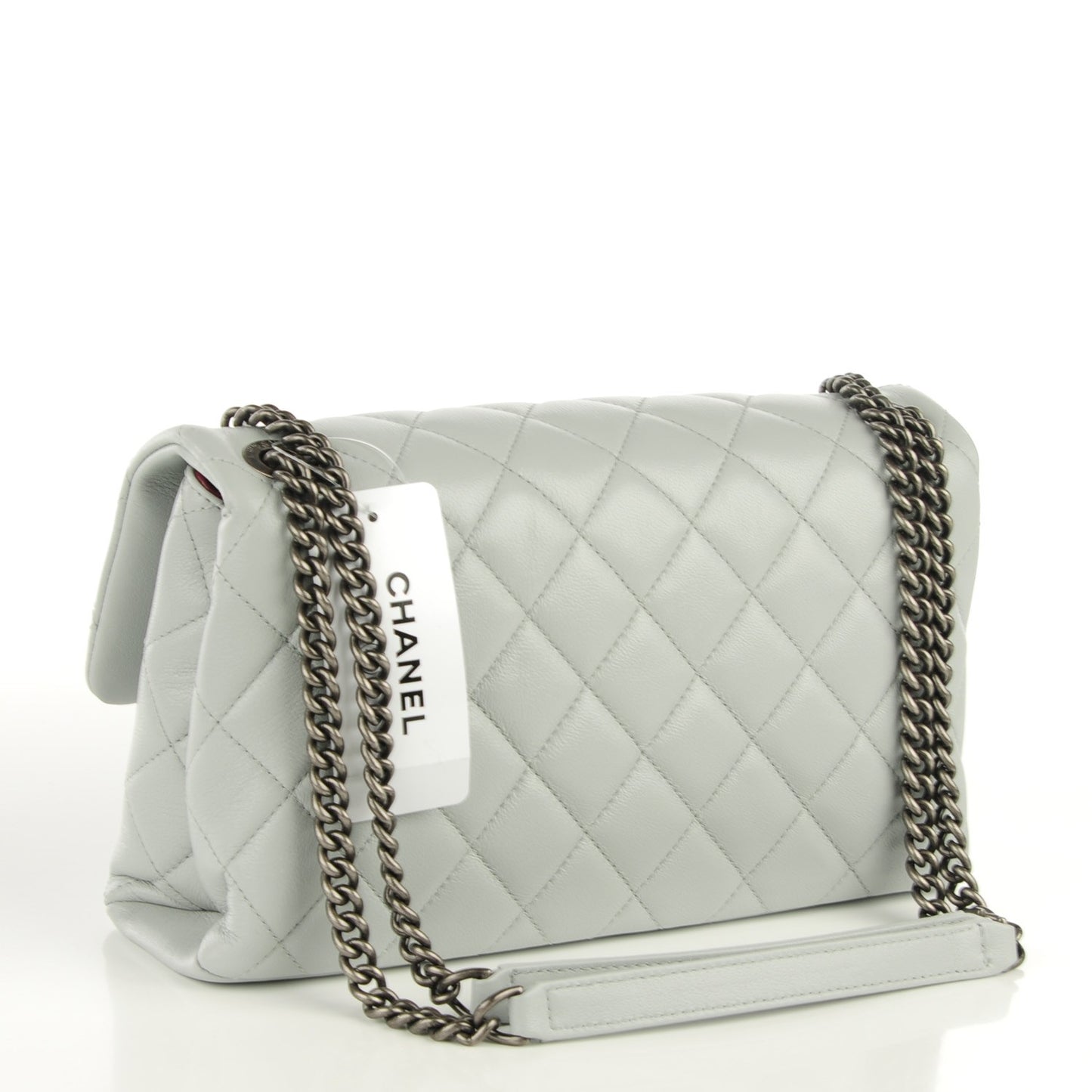 Shiny Lambskin Quilted Medium Flap Light Grey