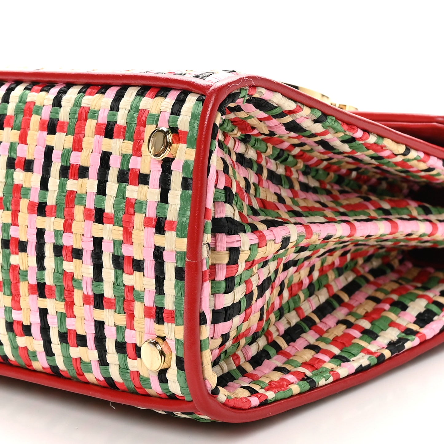 Raffia Calfskin Small Iconic Top Handle Red Multicolor
