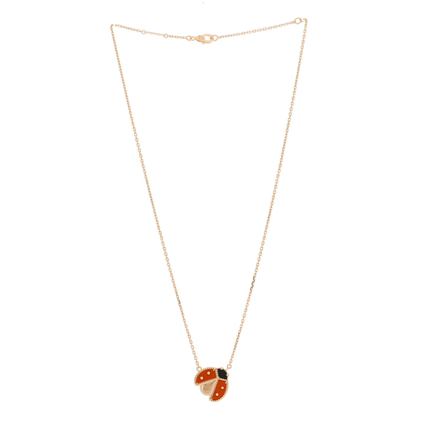 18K Rose Gold Carnelian Black Onyx Lucky Spring Open Wings Lady Bug Pendant Necklace