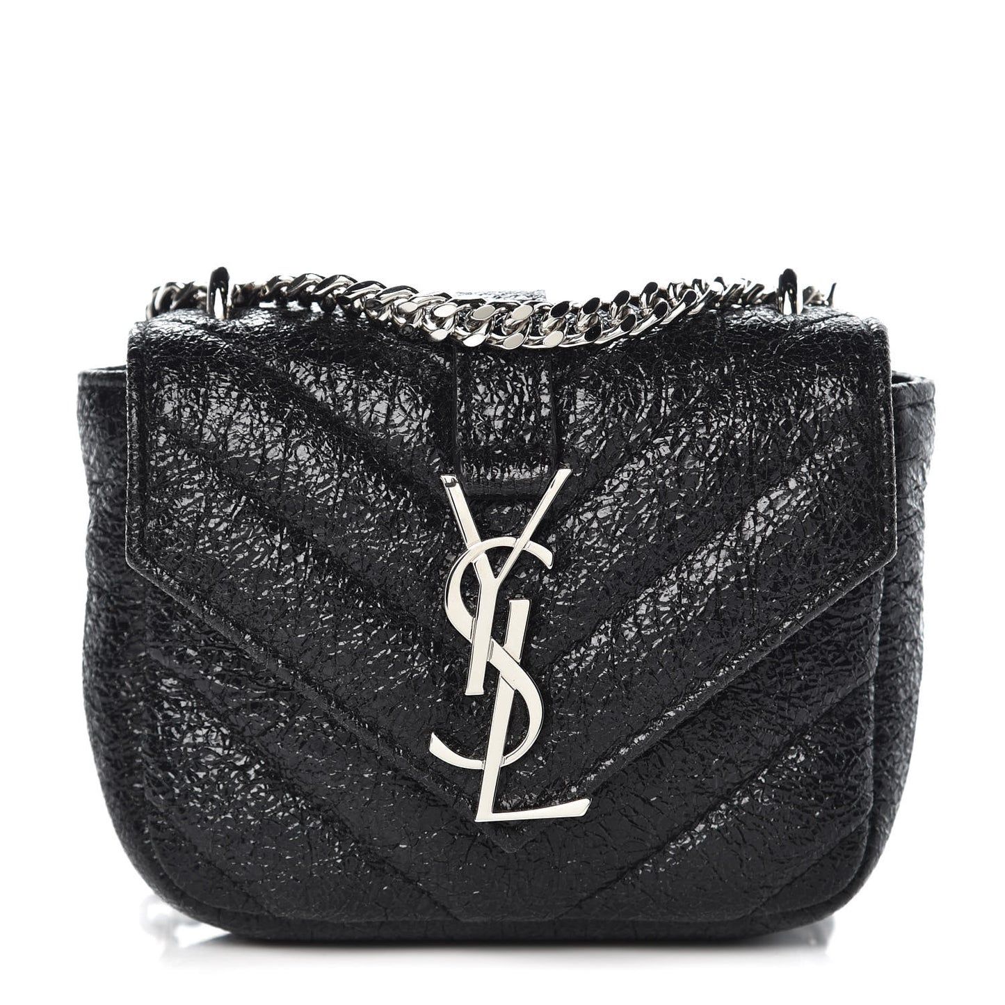 Metallic Crackled Calfskin Chevron Monogram Micro Crossbody Bag Black