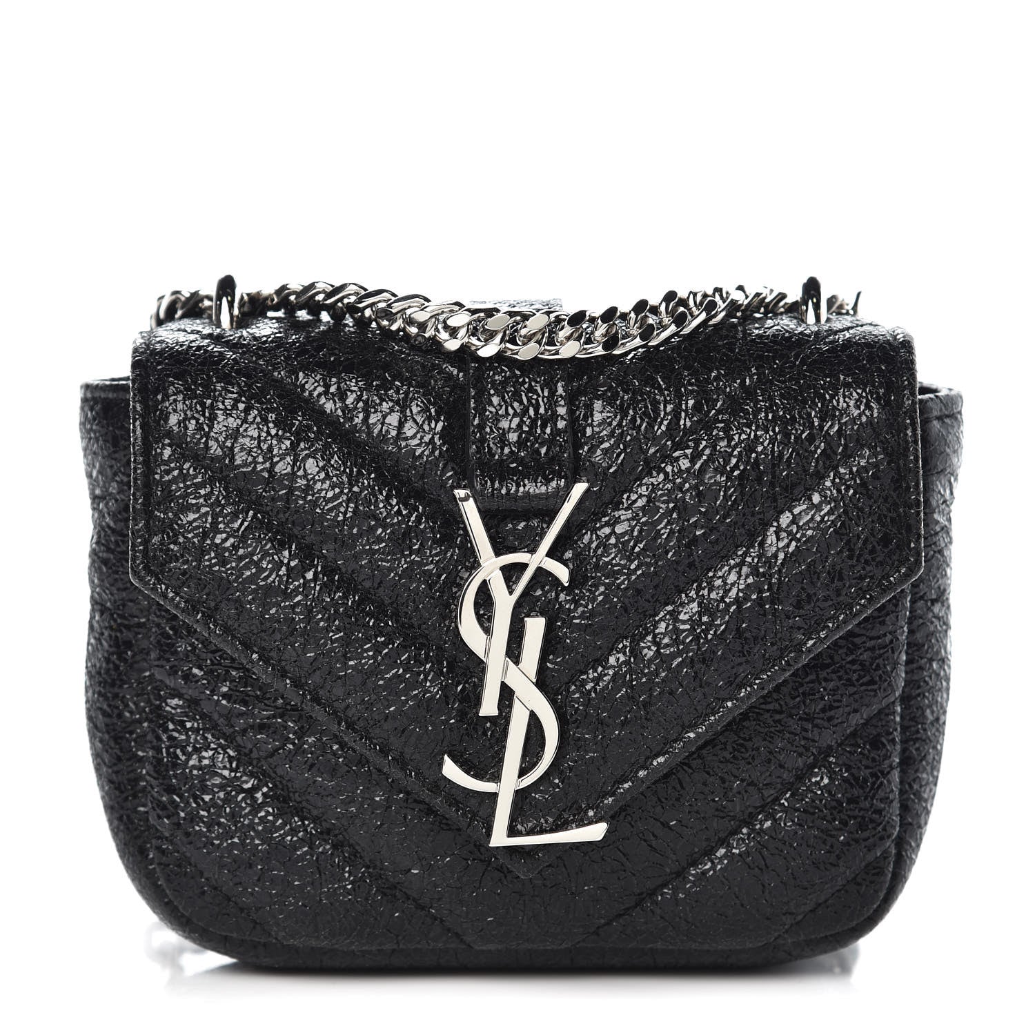 Saint Laurent Metallic Crackled Calfskin Chevron Monogram Micro Crossbody Bag Black 1 of 6