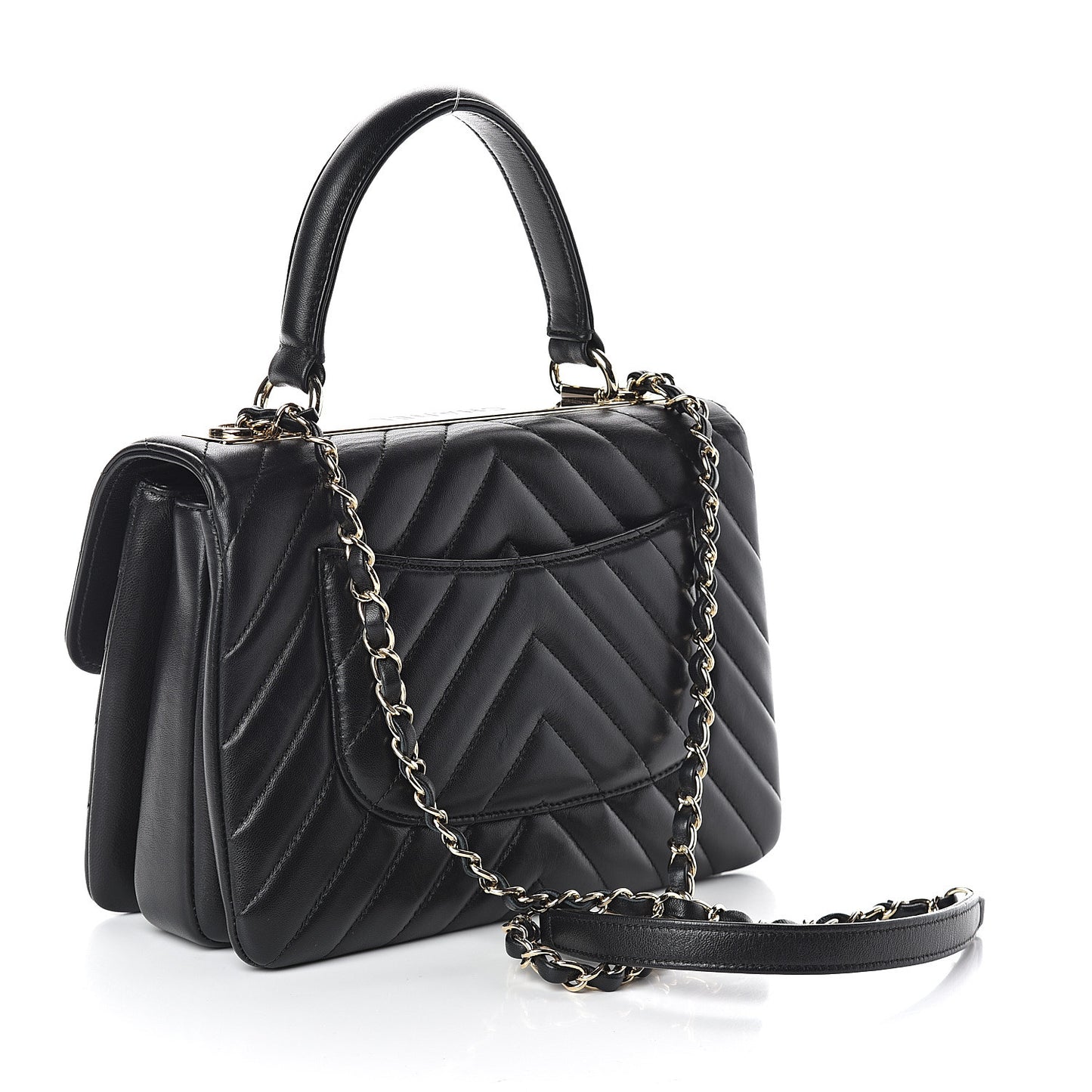 Lambskin Chevron Quilted Small Trendy CC Dual Handle Flap Bag Black