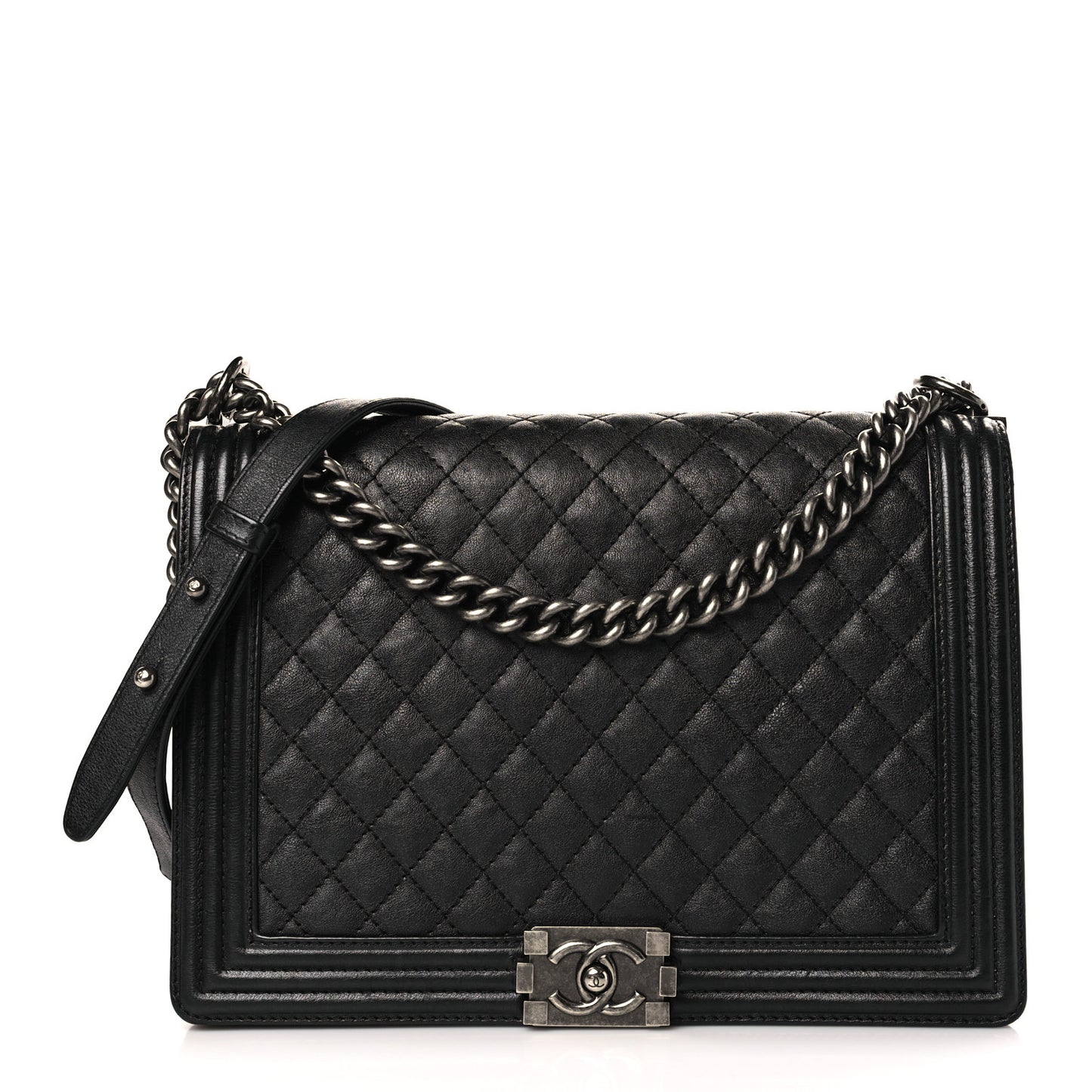 Calfskin Quilted Large Boy Flap Black