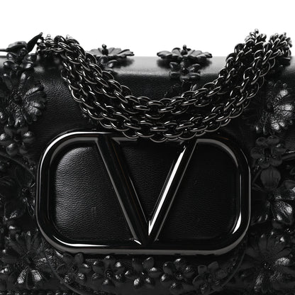 Valentino Garavani Calfskin Floral Embroidered Monochrome Vlogo Small Loco Shoulder Bag Black 12 of 17