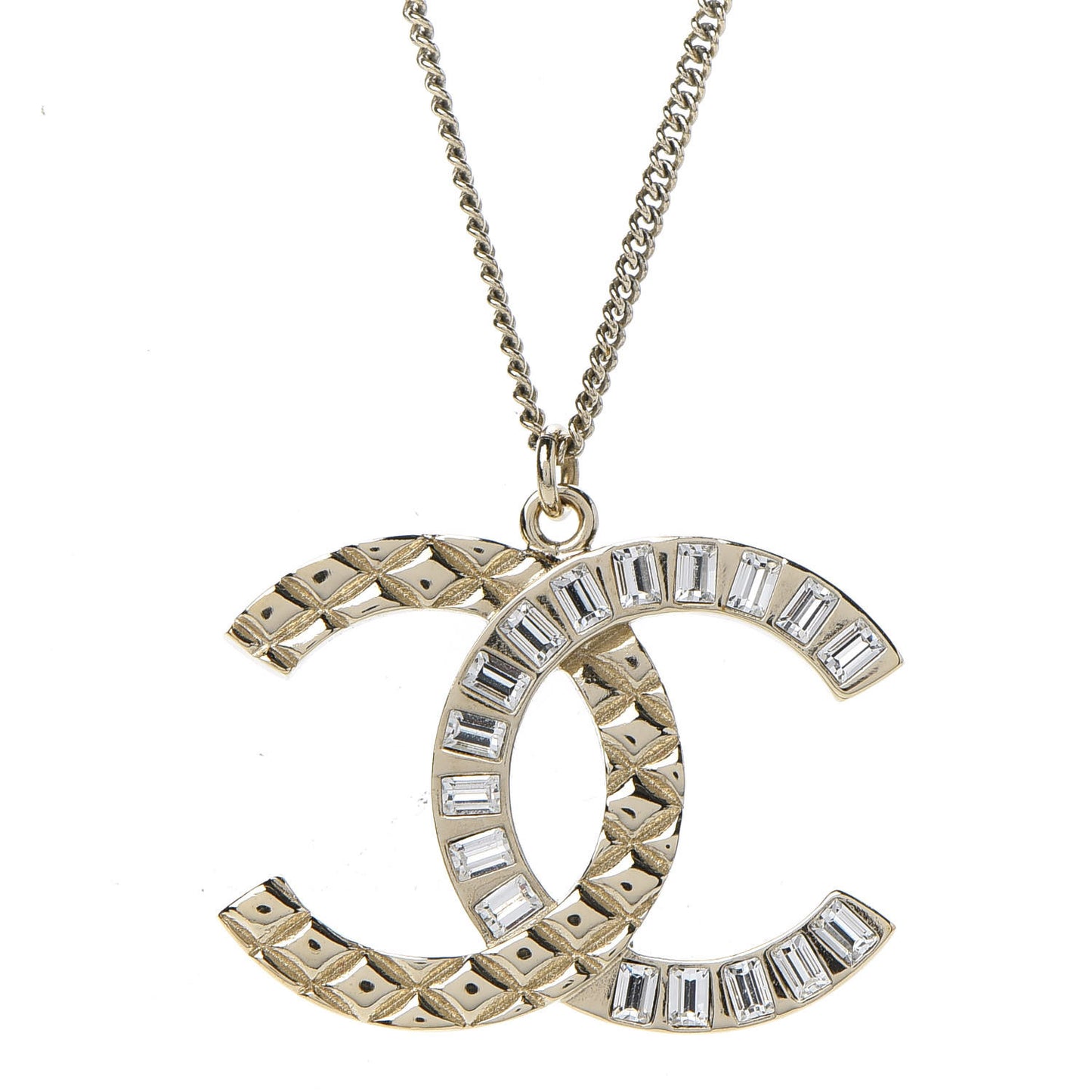 Baguette Crystal Quilted CC Pendant Necklace Gold