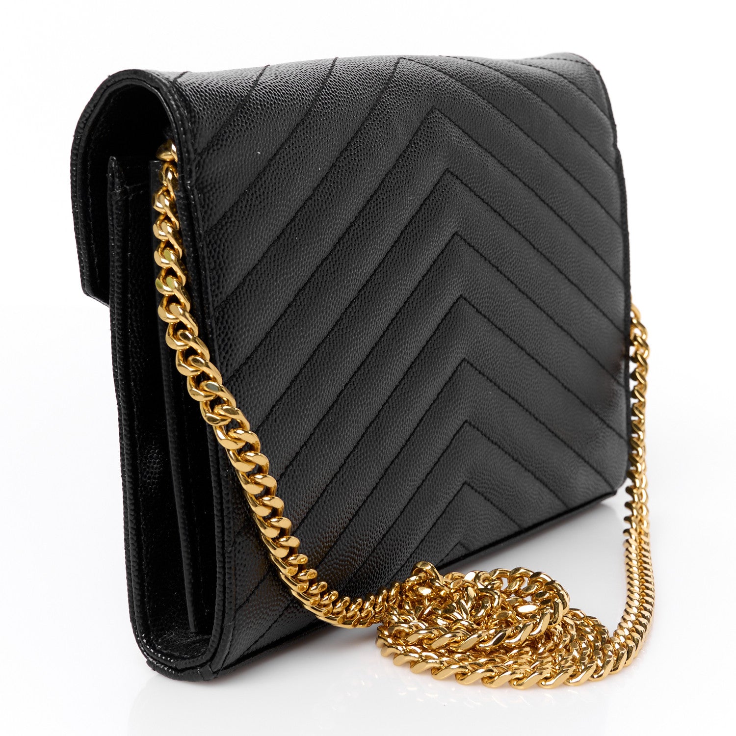 Saint Laurent Grain De Poudre Matelasse Chevron Monogram Chain Wallet Black 3 of 9