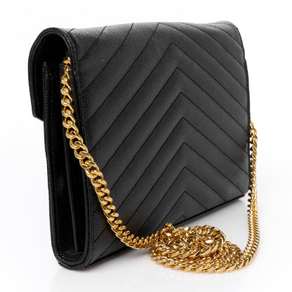 Saint Laurent Grain De Poudre Matelasse Chevron Monogram Chain Wallet Black 3 of 9