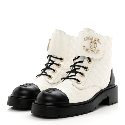 Chanel Shiny Goatskin Calfskin Quilted Lace Up Combat Boots 39 White Black 3 of 10