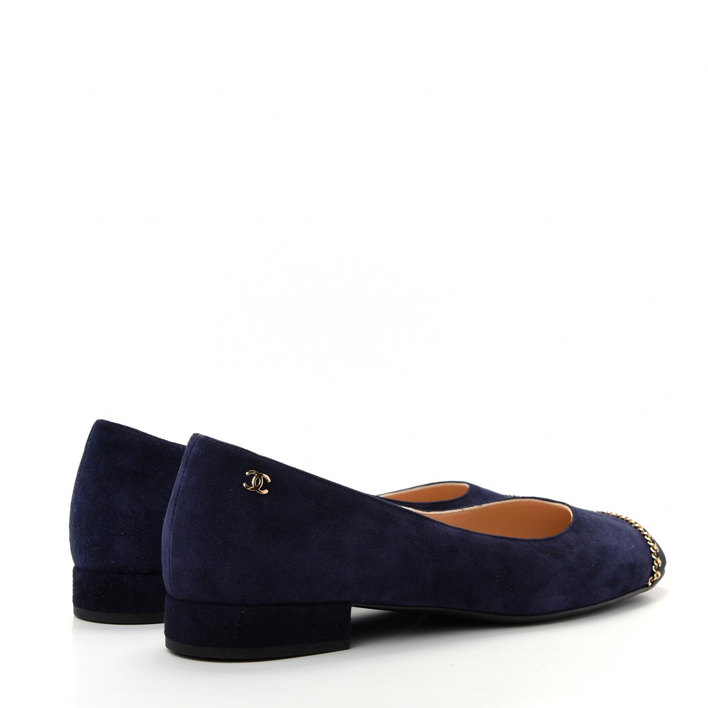 Suede Calfskin Grosgrain Cap Toe Chain Ballerina Flats 39.5 Navy Blue Black