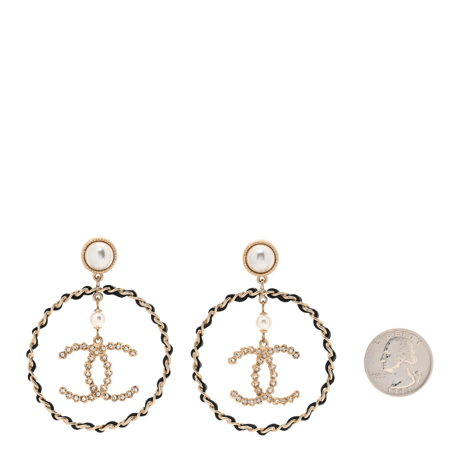 Chanel Lambskin Crystal Pearl CC Drop Earrings Gold Black 2 of 5