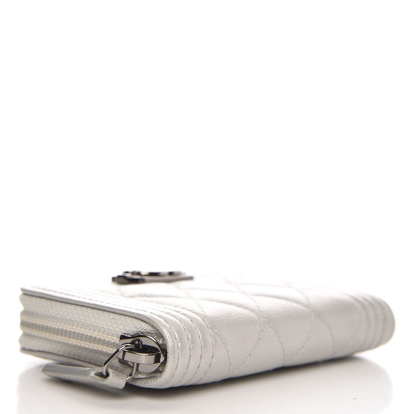 Metallic Caviar Quilted Boy Zip Around Coin Purse Wallet Silver