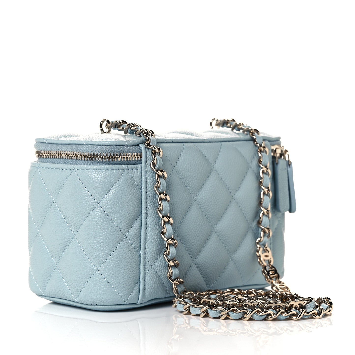 Caviar Quilted Small Tiny CC Vanity Case With Chain Light Blue
