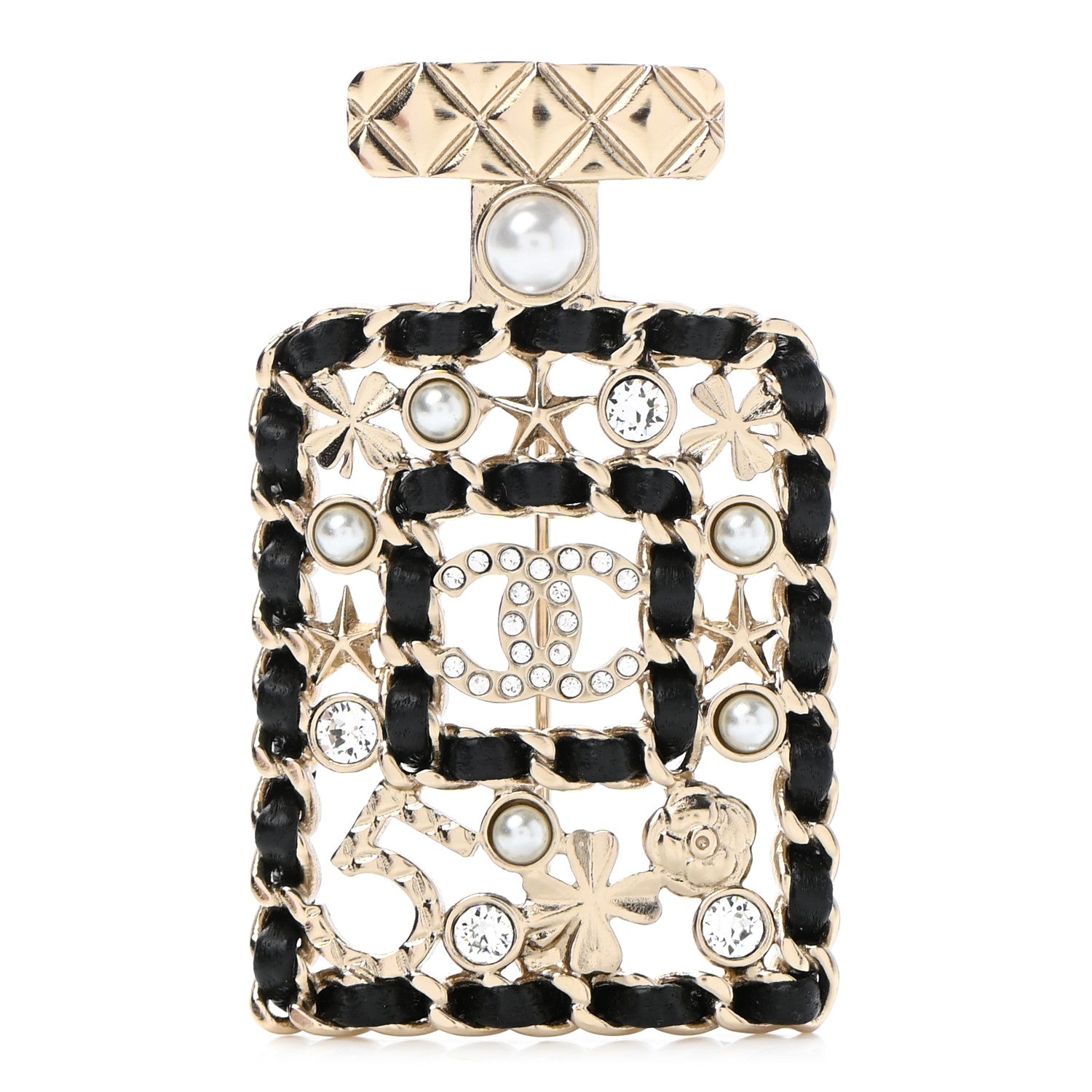 Chanel Lambskin Pearl Quilted Chain CC Perfume Bottle Brooch Gold 1 of 6