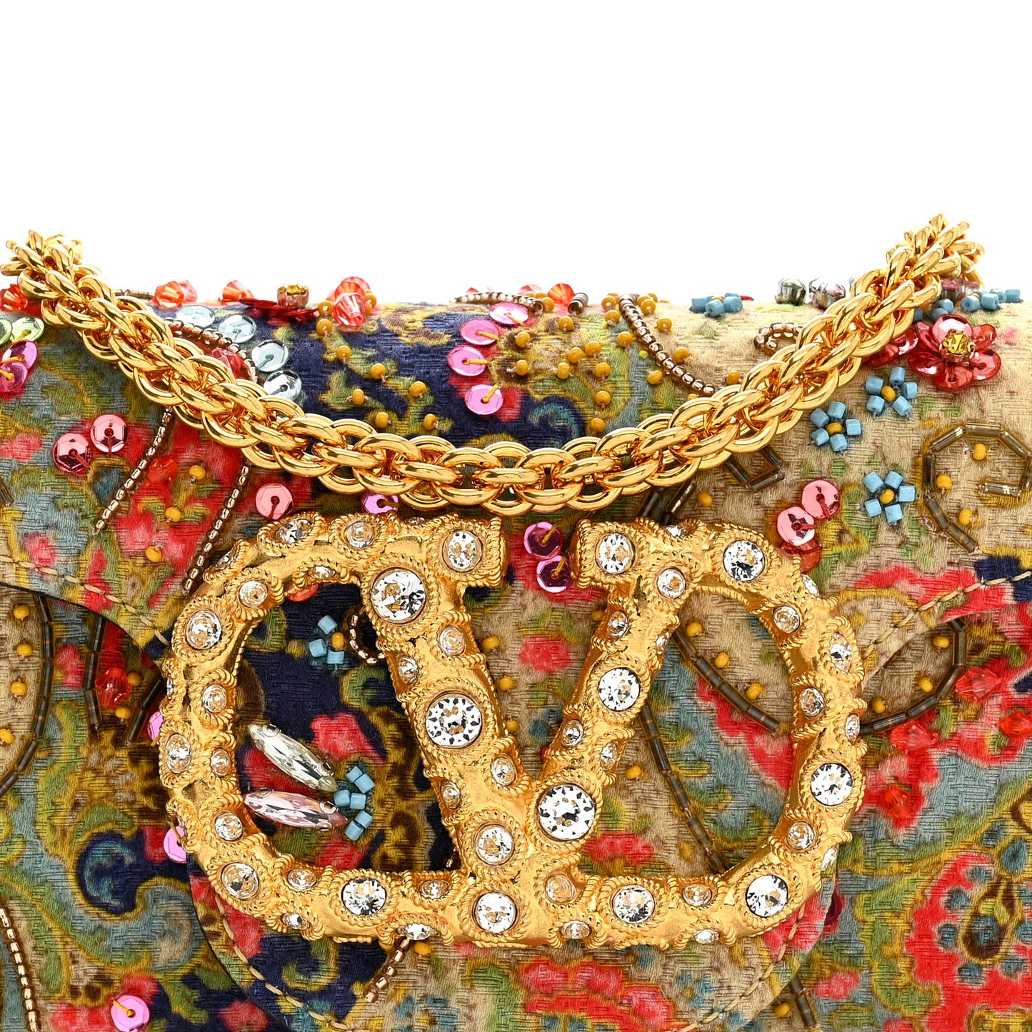 Fabric Beaded Crystal Embroidered Paisley Vlogo Small Loco Shoulder Bag Butter White Multicolor