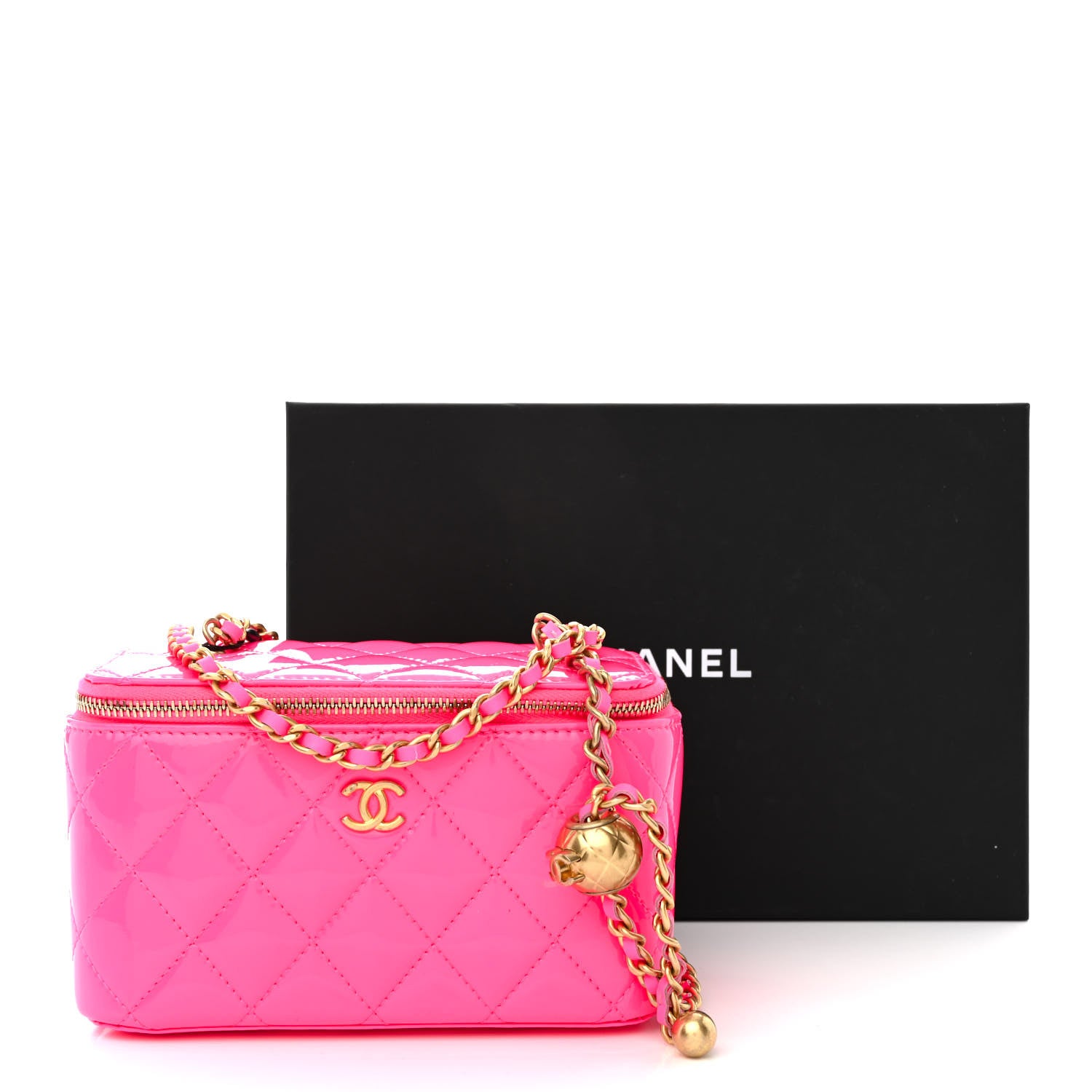 Chanel Patent Quilted Pearl Crush Small Vanity Case With Chain Neon Pink 11 of 11