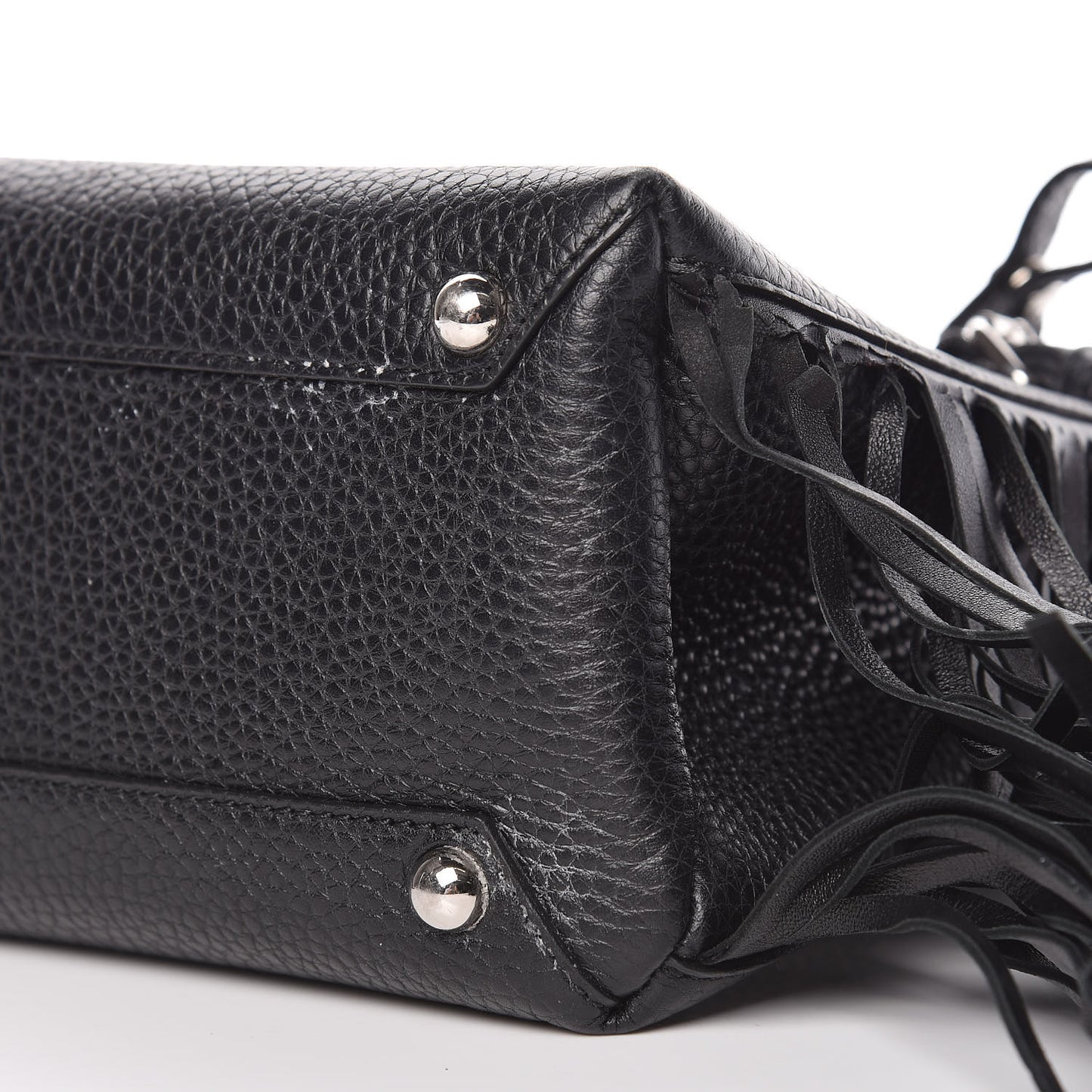 Grainy Calfskin Studded Fringe Baby Banner Tote Black