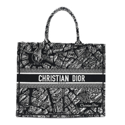 Christian Dior Canvas Embroidered Large Plan De Paris Book Tote Black White 1 of 11