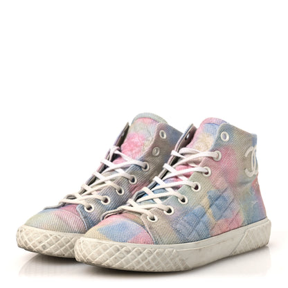 Chanel Printed Fabric High Top CC Sneakers 39 Green Pink Blue White 4 of 13