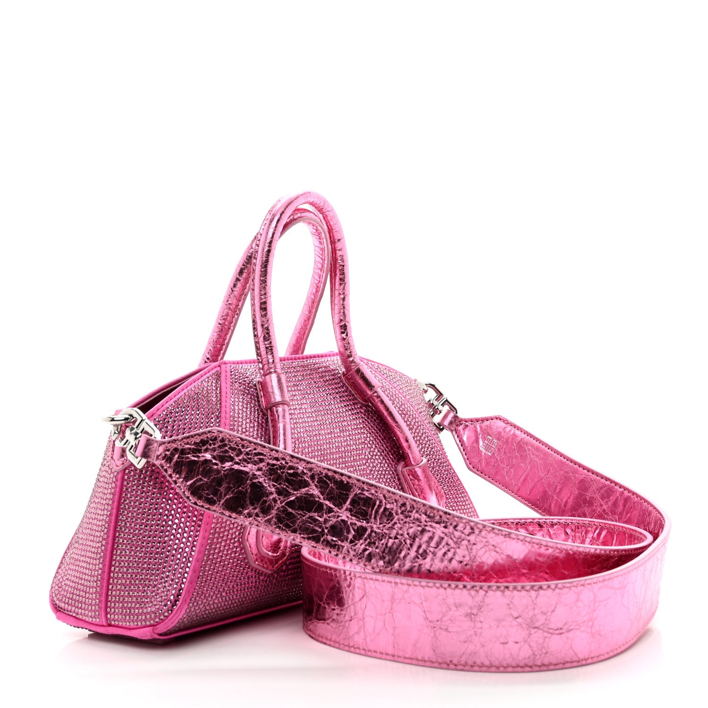 Lambskin Satin Strass Mini Antigona Stretch Neon Pink