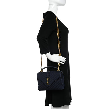 Saint Laurent Cotton Canvas Matelasse Chevron Monogram Medium College Bag Deeply Blue 2 of 14