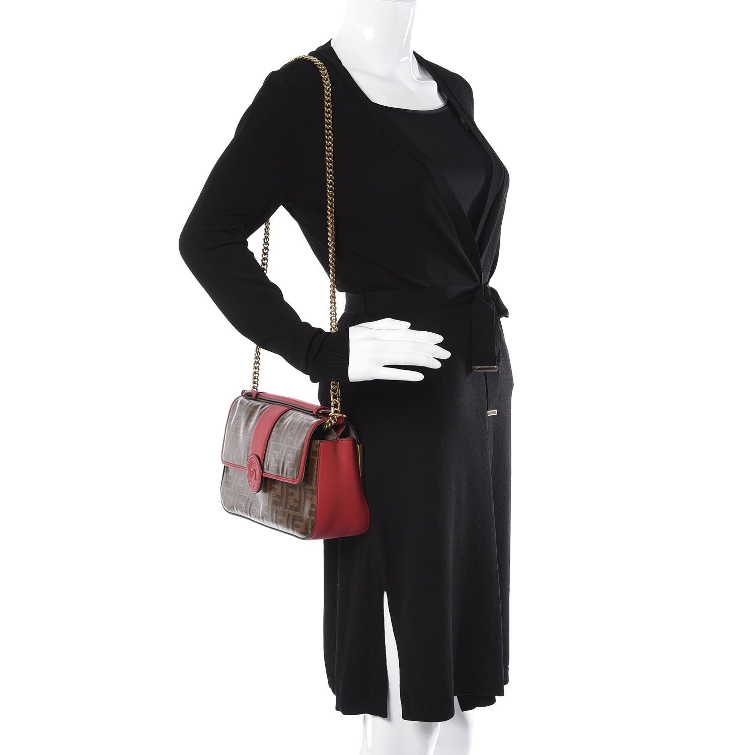Fendi Vitello Grace Glazed Fabric FF 1974 Double F Shoulder Bag Fragola Mogano Panna 2 of 10