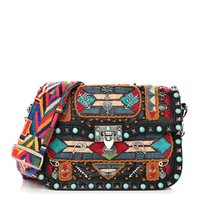 Valentino Garavani Calfskin Embroidered Medium Guitar Strap Rockstud Rolling Flap Saddle Bag Black 1 of 16