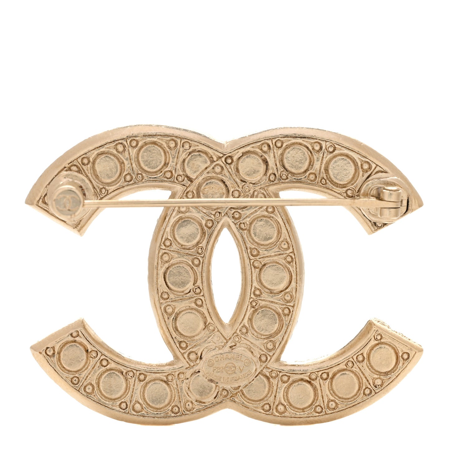 Metal Crystal Graduated Pearl CC Brooch Gold
